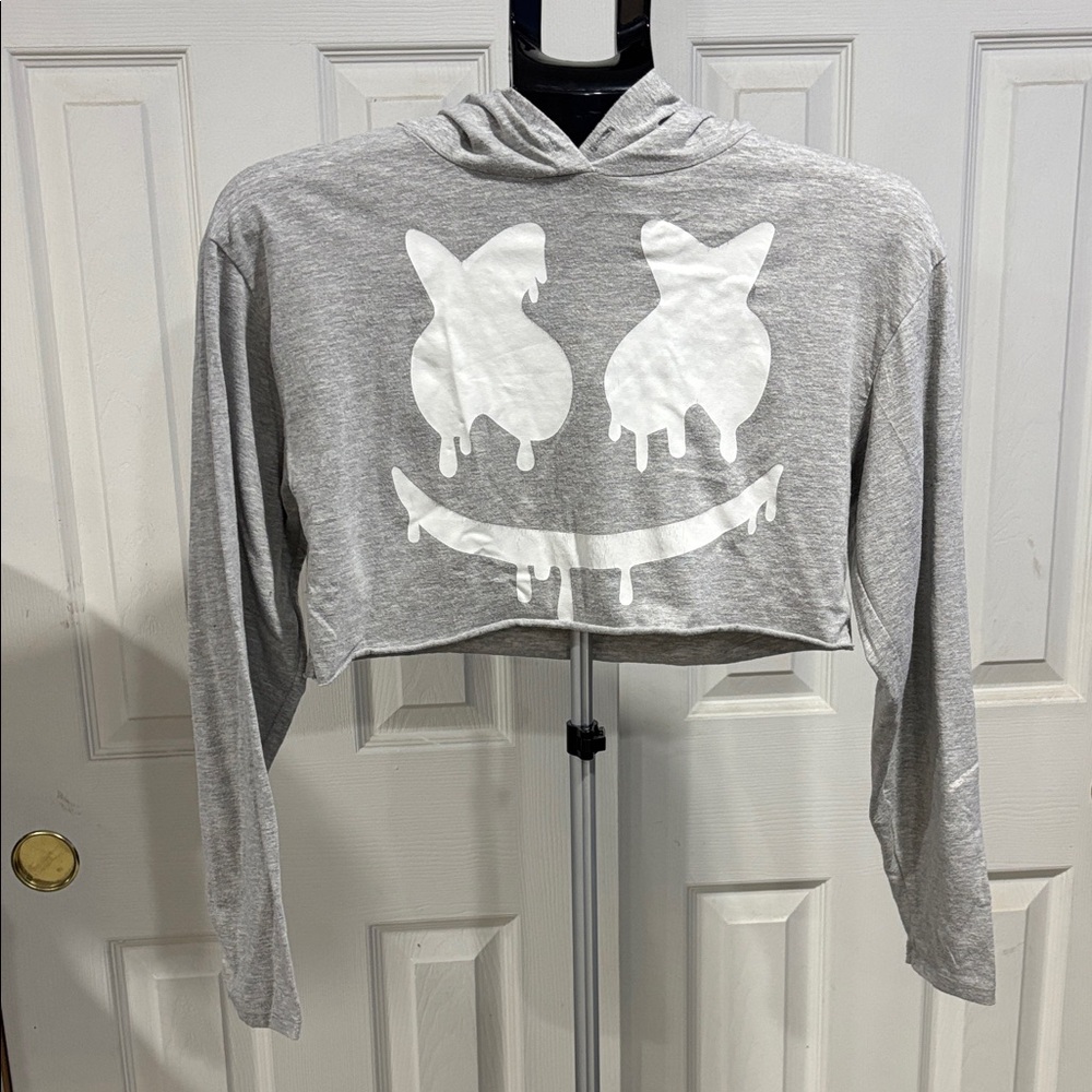 Gray Smiley Face Crop Top Hoodie